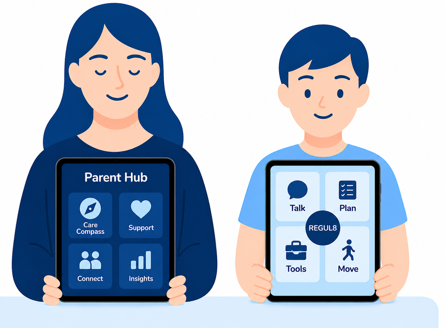A parent and child each holding tablets showing the NeuroBloom Parent Hub and learner app